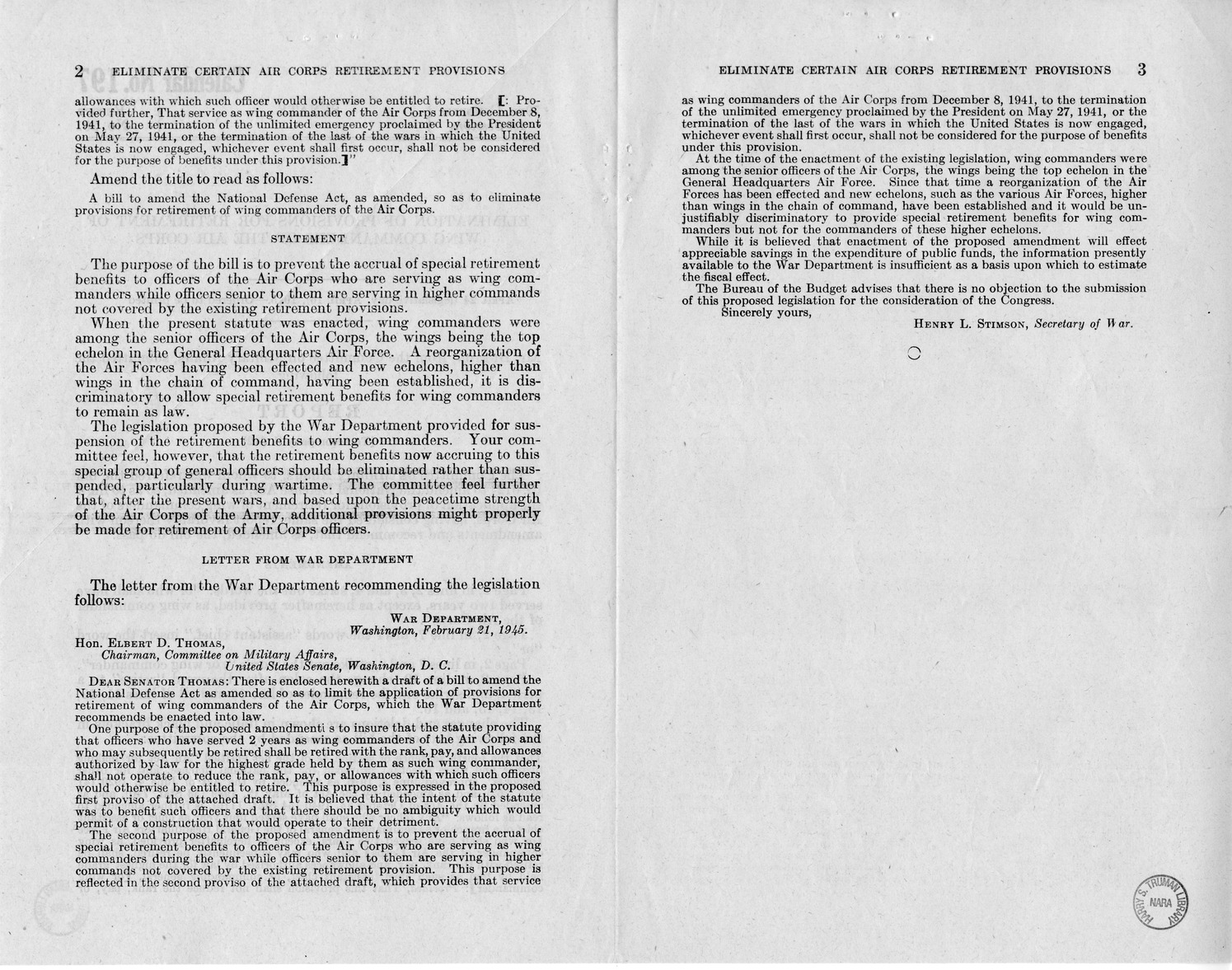 Memorandum from Frederick J. Bailey to M. C. Latta, S. 612, To Amend the National Defense Act, as Amended, so as to Eliminate Provisions for Retirement of Wing Commanders of the Air Corps, with Attachments