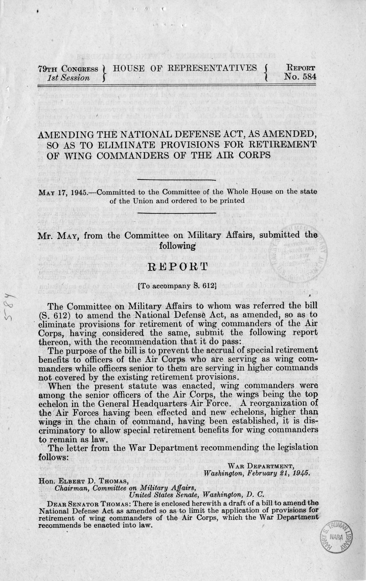 Memorandum from Frederick J. Bailey to M. C. Latta, S. 612, To Amend the National Defense Act, as Amended, so as to Eliminate Provisions for Retirement of Wing Commanders of the Air Corps, with Attachments