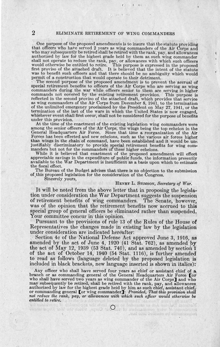 Memorandum from Frederick J. Bailey to M. C. Latta, S. 612, To Amend the National Defense Act, as Amended, so as to Eliminate Provisions for Retirement of Wing Commanders of the Air Corps, with Attachments