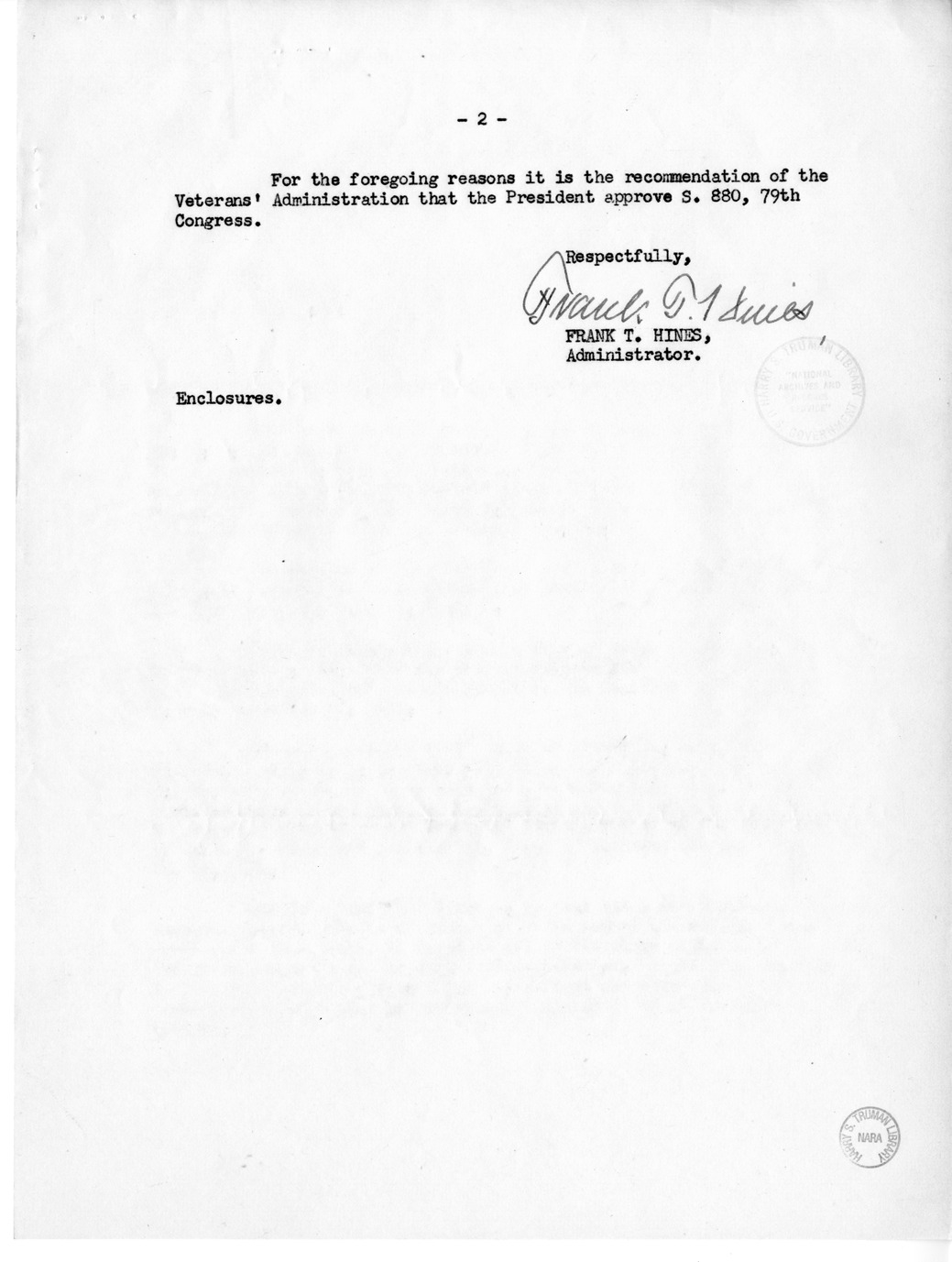 Memorandum from Frederick J. Bailey to M. C. Latta, S. 880, To Provide for Designation of the United States Veterans' Administration Hospital at Sioux Falls, South Dakota, as the Royal C. Johnson Veterans Memorial Hospital, with Attachments