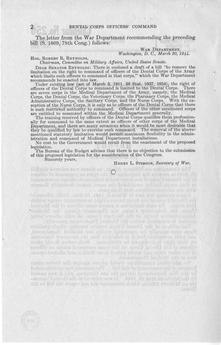 Memorandum from Frederick J. Bailey to M. C. Latta, S. 916, To Remove the Limitation on the Right to Command of Officers of the Dental Corps of the Army Which Limits Such Officers to Command in That Corps, with Attachments
