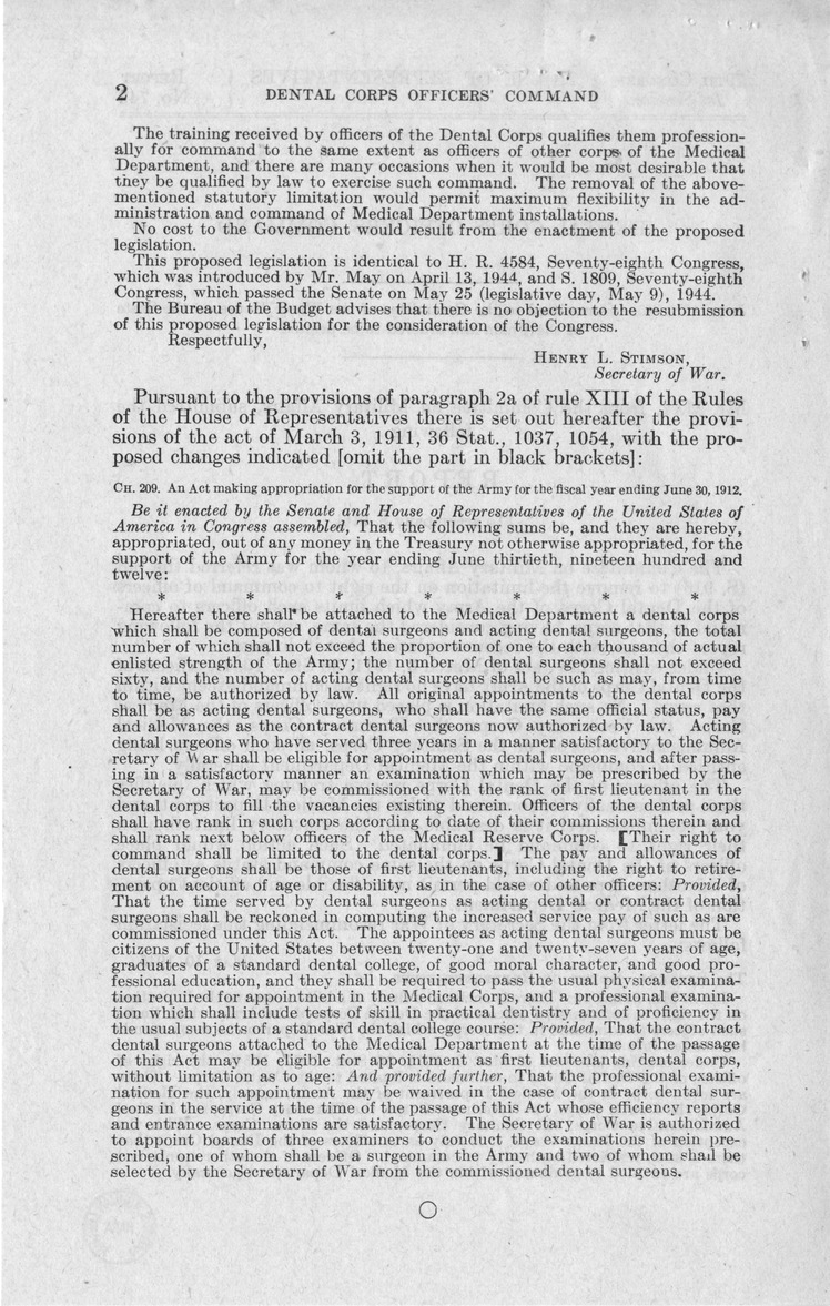 Memorandum from Frederick J. Bailey to M. C. Latta, S. 916, To Remove the Limitation on the Right to Command of Officers of the Dental Corps of the Army Which Limits Such Officers to Command in That Corps, with Attachments