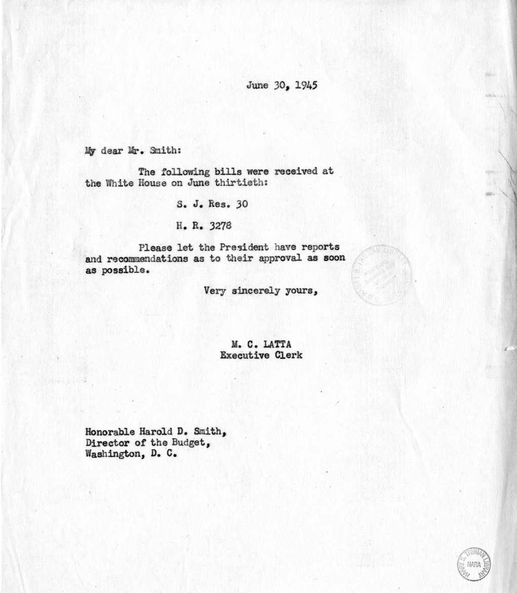 Memorandum from M. C. Latta to Harold D. Smith