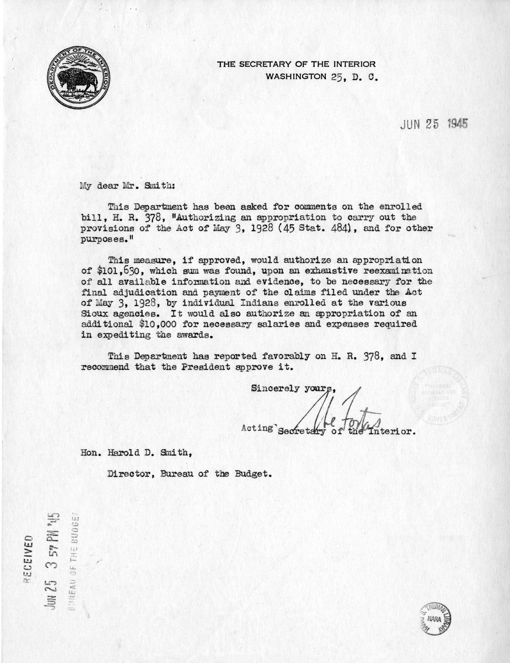 Memorandum from Harold D. Smith to M. C. Latta, H.R. 378, Authorizing an Appropriation to Carry Out the Provisions of the Act of May 3, 1928 (45 Stat. 484), and for Other Purposes, with Attachments
