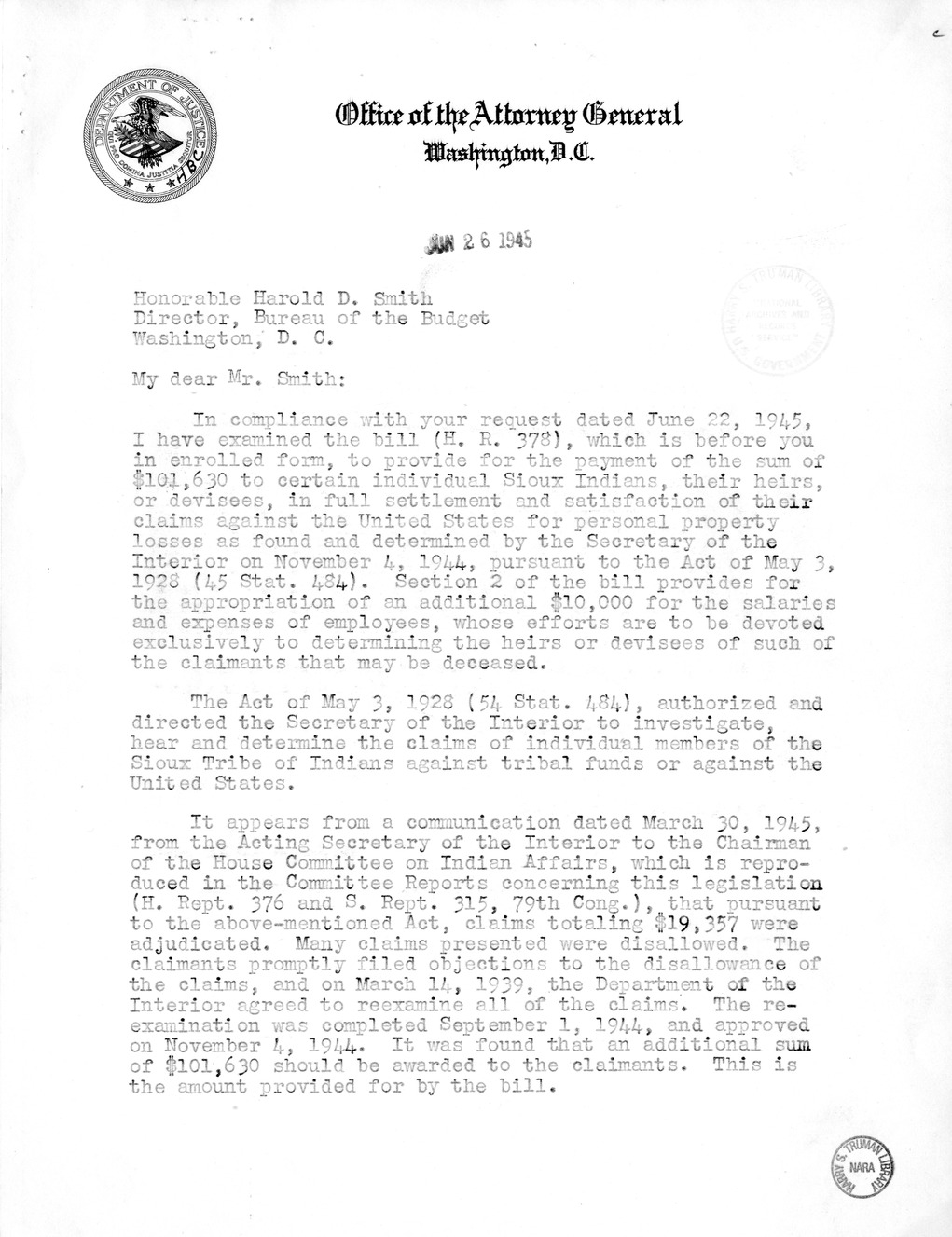 Memorandum from Harold D. Smith to M. C. Latta, H.R. 378, Authorizing an Appropriation to Carry Out the Provisions of the Act of May 3, 1928 (45 Stat. 484), and for Other Purposes, with Attachments