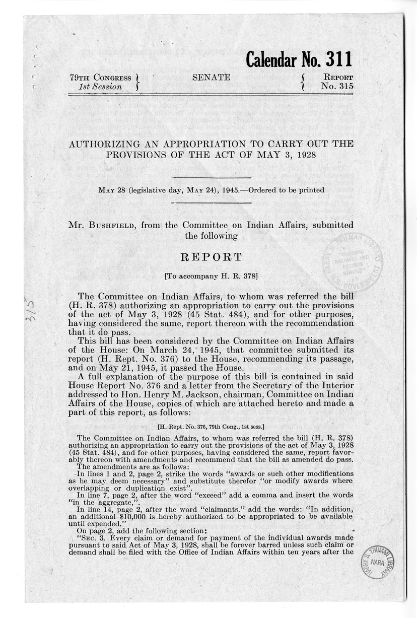 Memorandum from Harold D. Smith to M. C. Latta, H.R. 378, Authorizing an Appropriation to Carry Out the Provisions of the Act of May 3, 1928 (45 Stat. 484), and for Other Purposes, with Attachments