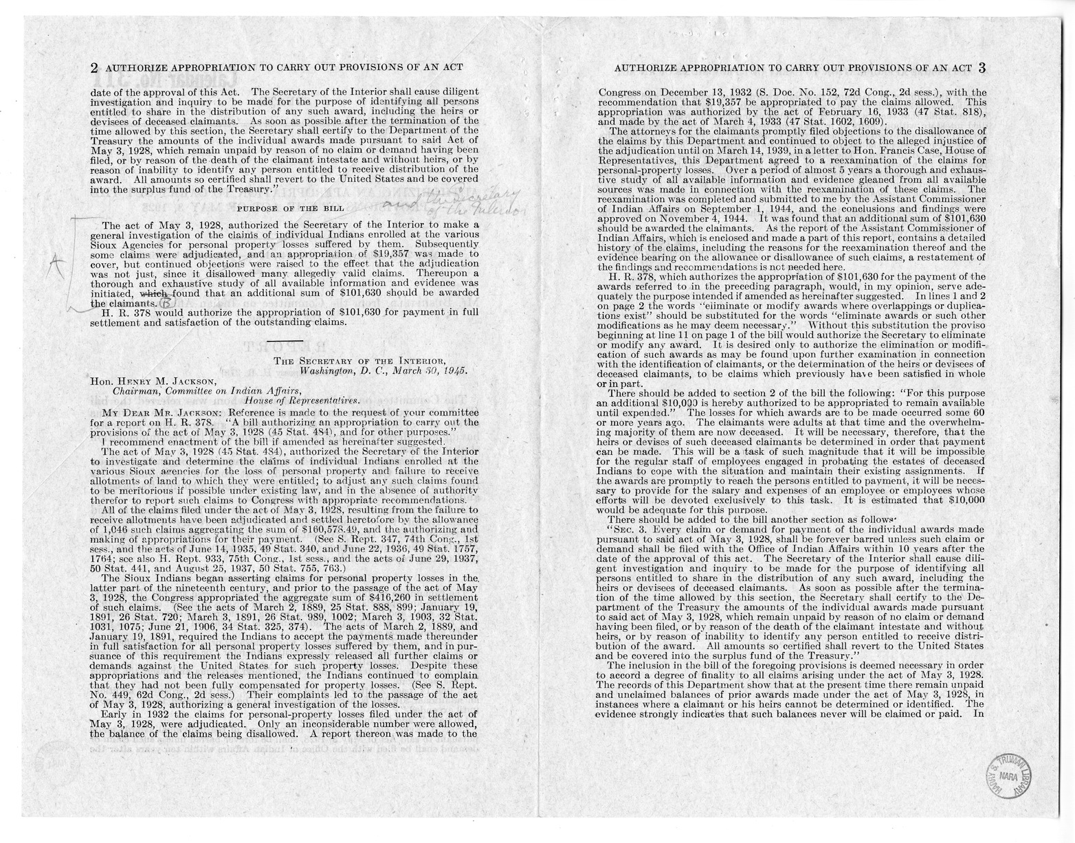 Memorandum from Harold D. Smith to M. C. Latta, H.R. 378, Authorizing an Appropriation to Carry Out the Provisions of the Act of May 3, 1928 (45 Stat. 484), and for Other Purposes, with Attachments