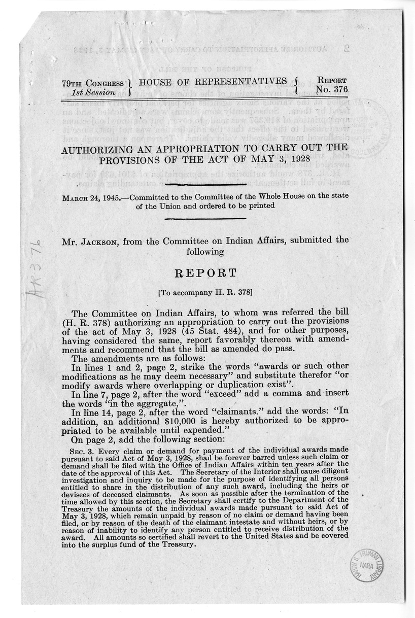 Memorandum from Harold D. Smith to M. C. Latta, H.R. 378, Authorizing an Appropriation to Carry Out the Provisions of the Act of May 3, 1928 (45 Stat. 484), and for Other Purposes, with Attachments