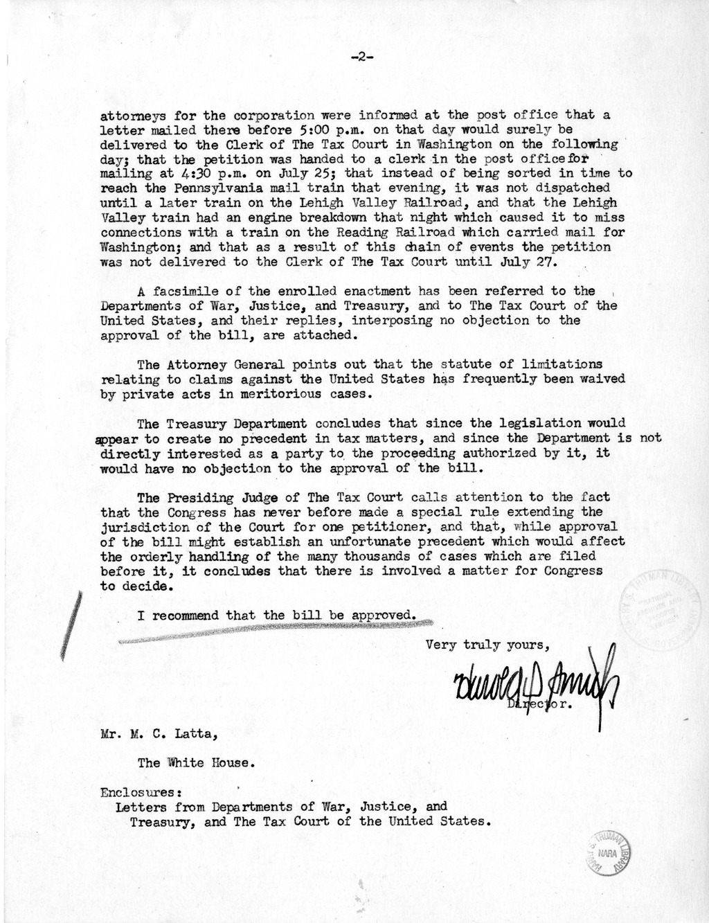 Memorandum from Harold D. Smith to M. C. Latta, H.R. 1044, For the Relief of Marlin-Rockwell Corporation, with Attachments