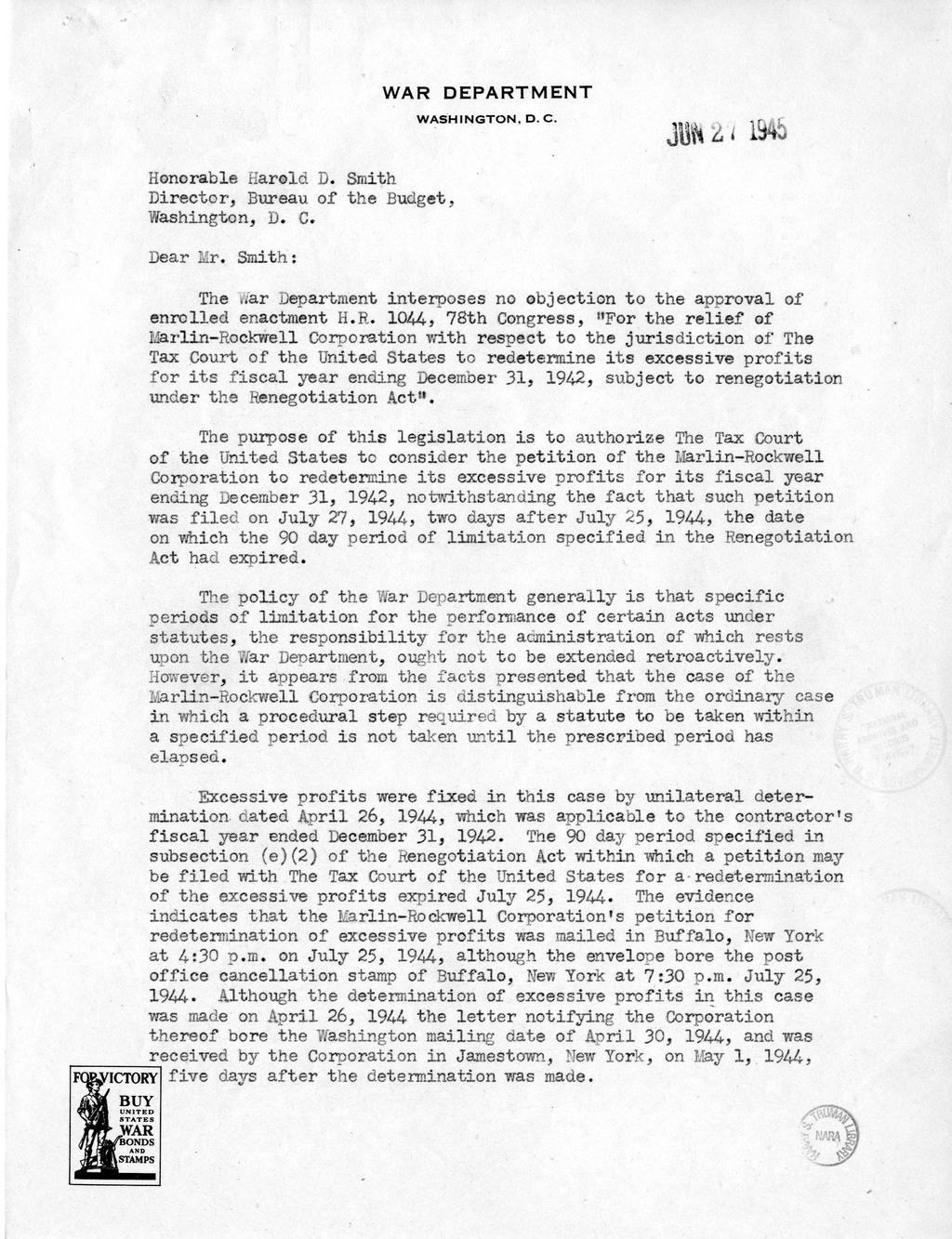 Memorandum from Harold D. Smith to M. C. Latta, H.R. 1044, For the Relief of Marlin-Rockwell Corporation, with Attachments