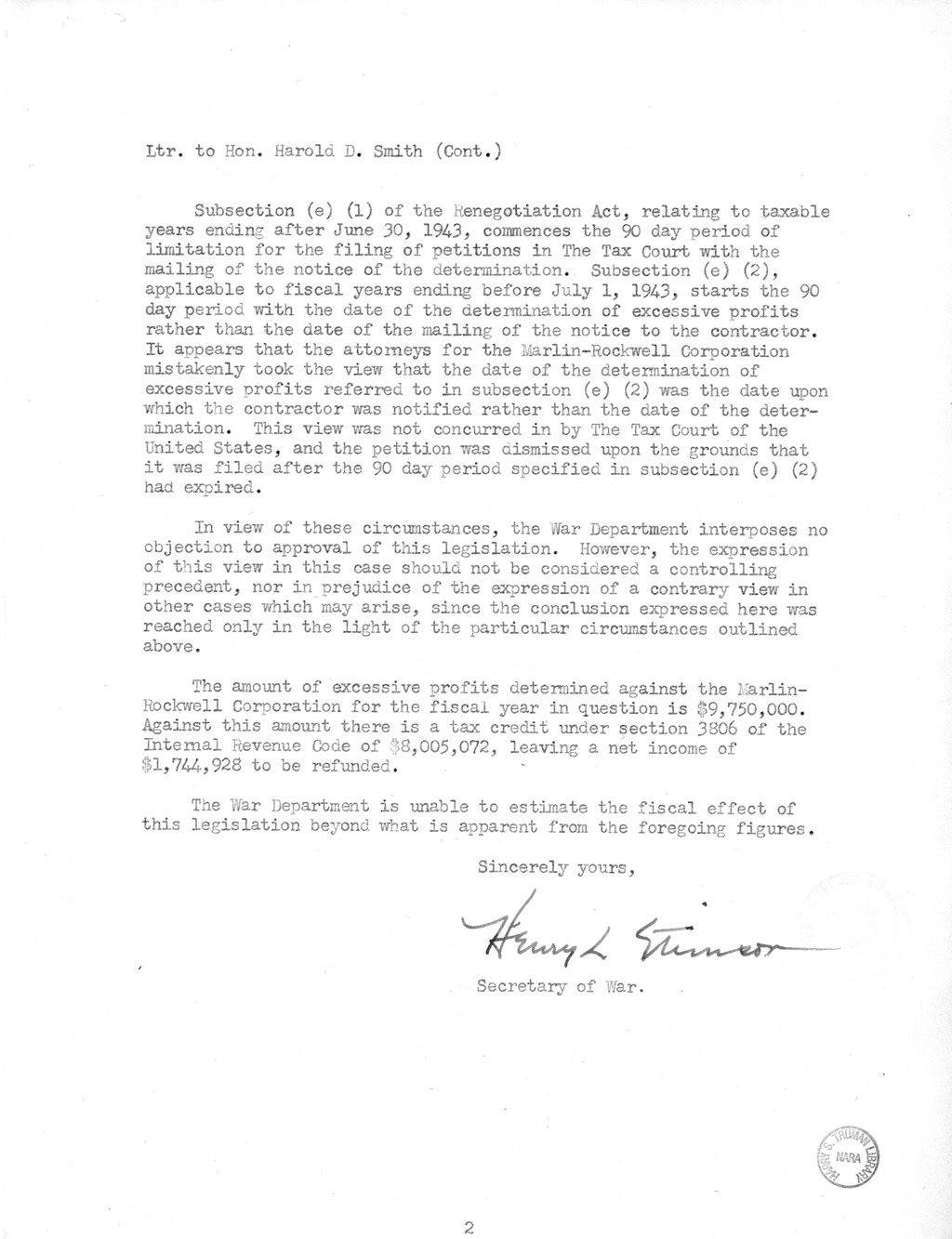 Memorandum from Harold D. Smith to M. C. Latta, H.R. 1044, For the Relief of Marlin-Rockwell Corporation, with Attachments