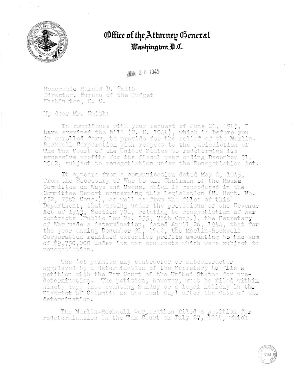 Memorandum from Harold D. Smith to M. C. Latta, H.R. 1044, For the Relief of Marlin-Rockwell Corporation, with Attachments