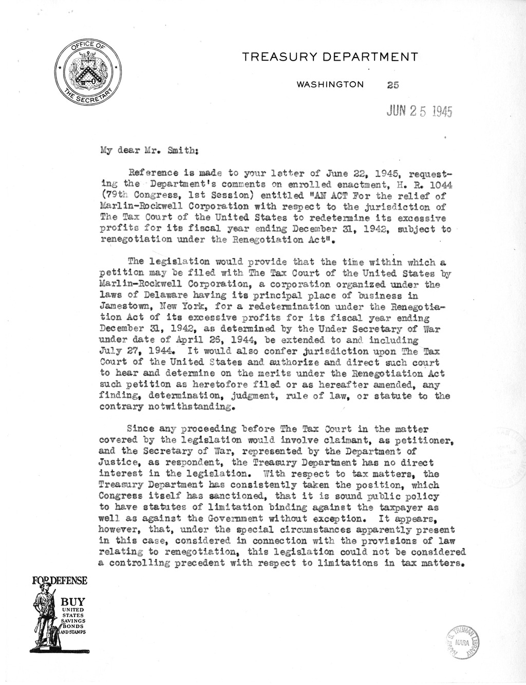 Memorandum from Harold D. Smith to M. C. Latta, H.R. 1044, For the Relief of Marlin-Rockwell Corporation, with Attachments