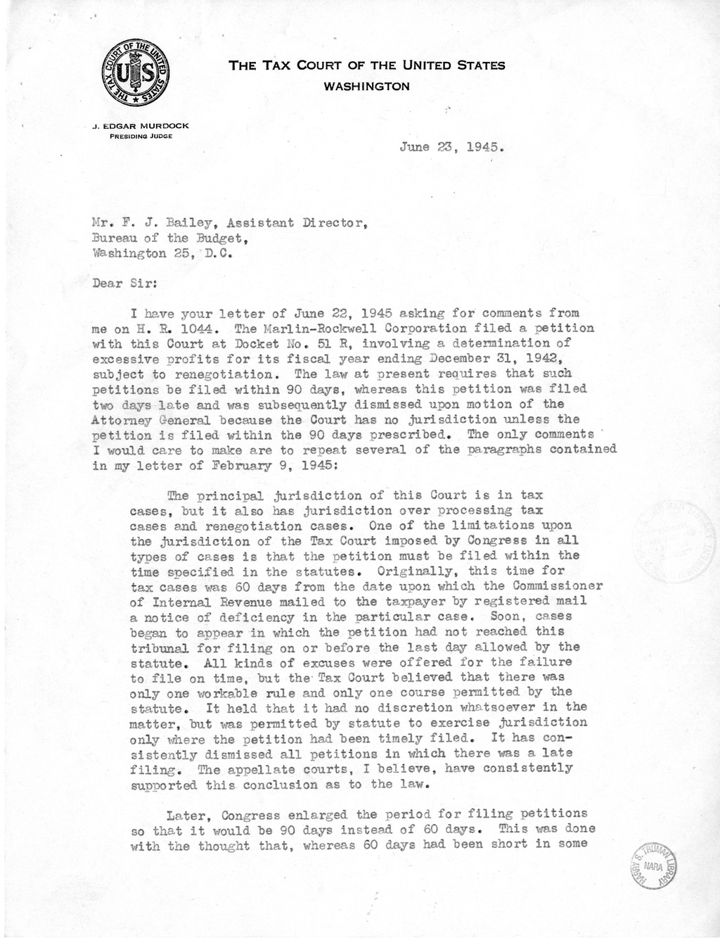 Memorandum from Harold D. Smith to M. C. Latta, H.R. 1044, For the Relief of Marlin-Rockwell Corporation, with Attachments