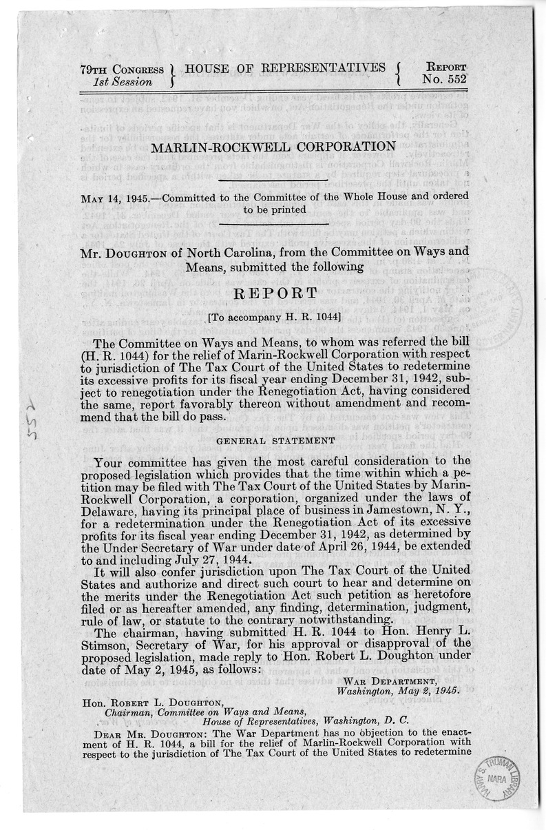 Memorandum from Harold D. Smith to M. C. Latta, H.R. 1044, For the Relief of Marlin-Rockwell Corporation, with Attachments