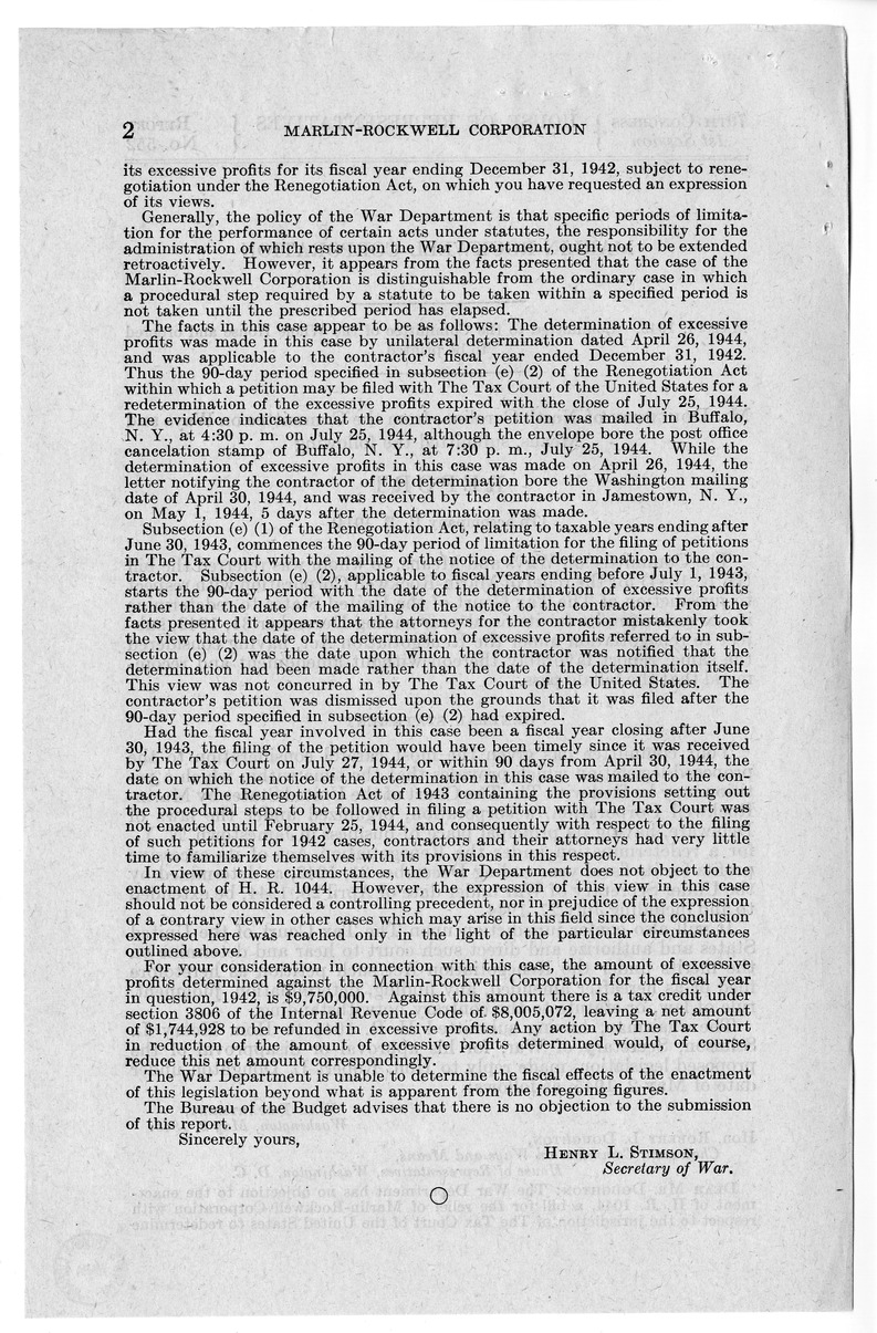 Memorandum from Harold D. Smith to M. C. Latta, H.R. 1044, For the Relief of Marlin-Rockwell Corporation, with Attachments