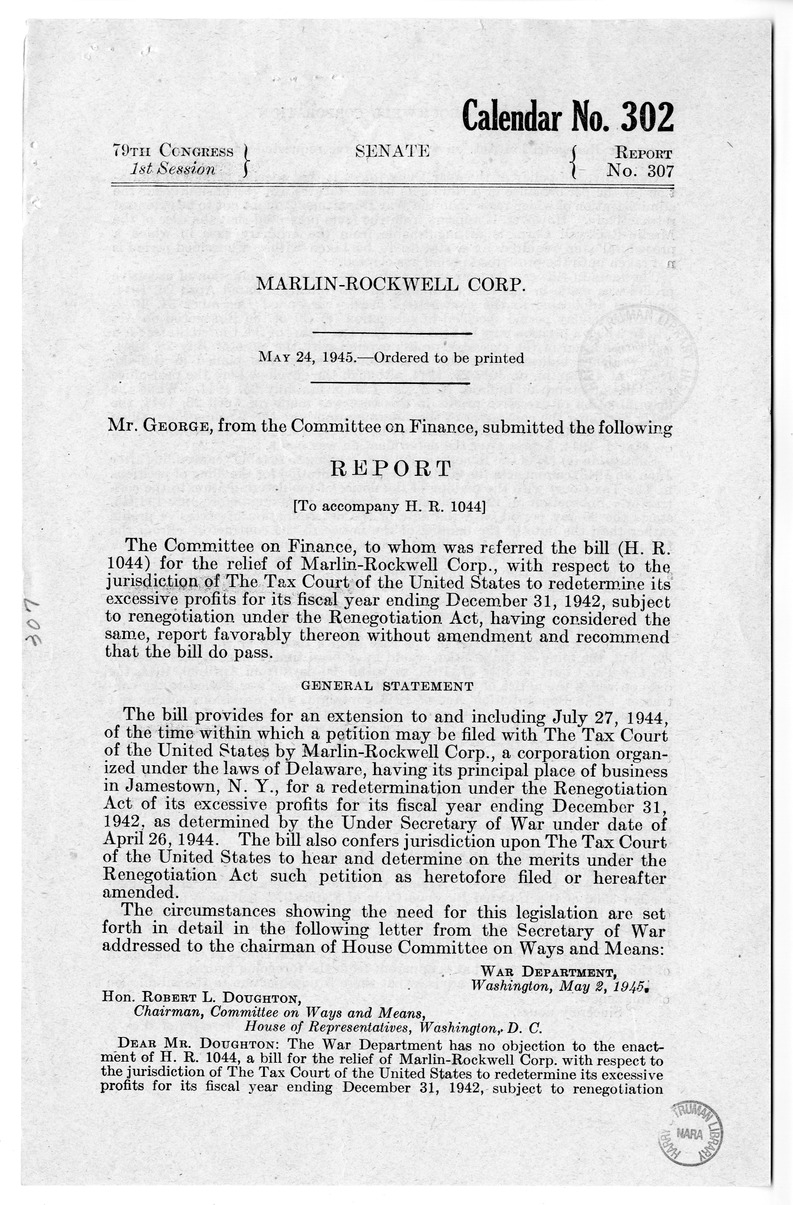 Memorandum from Harold D. Smith to M. C. Latta, H.R. 1044, For the Relief of Marlin-Rockwell Corporation, with Attachments