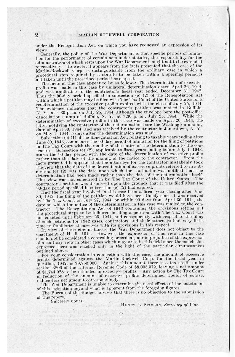 Memorandum from Harold D. Smith to M. C. Latta, H.R. 1044, For the Relief of Marlin-Rockwell Corporation, with Attachments