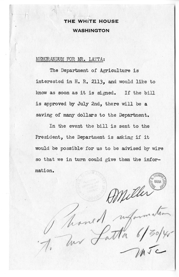 Memorandum from Harold D. Smith to M. C. Latta, H.R. 2113, To Amend the Federal Farm Loan Act, the Emergency Farm Mortgage Act of 1933, The Servicemen's Readjustment Act of 1944, and for Other Purposes, with Attachments