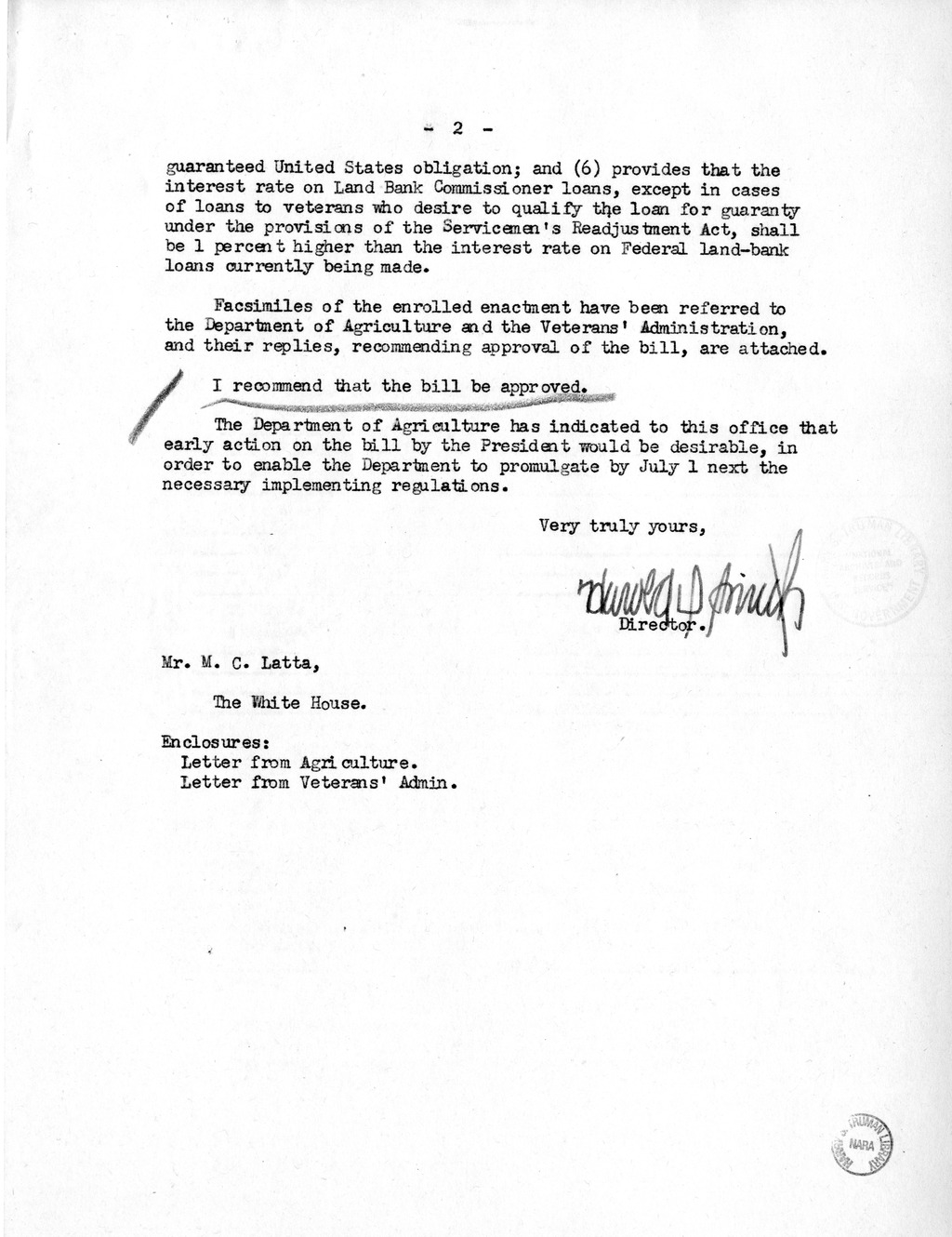 Memorandum from Harold D. Smith to M. C. Latta, H.R. 2113, To Amend the Federal Farm Loan Act, the Emergency Farm Mortgage Act of 1933, The Servicemen's Readjustment Act of 1944, and for Other Purposes, with Attachments