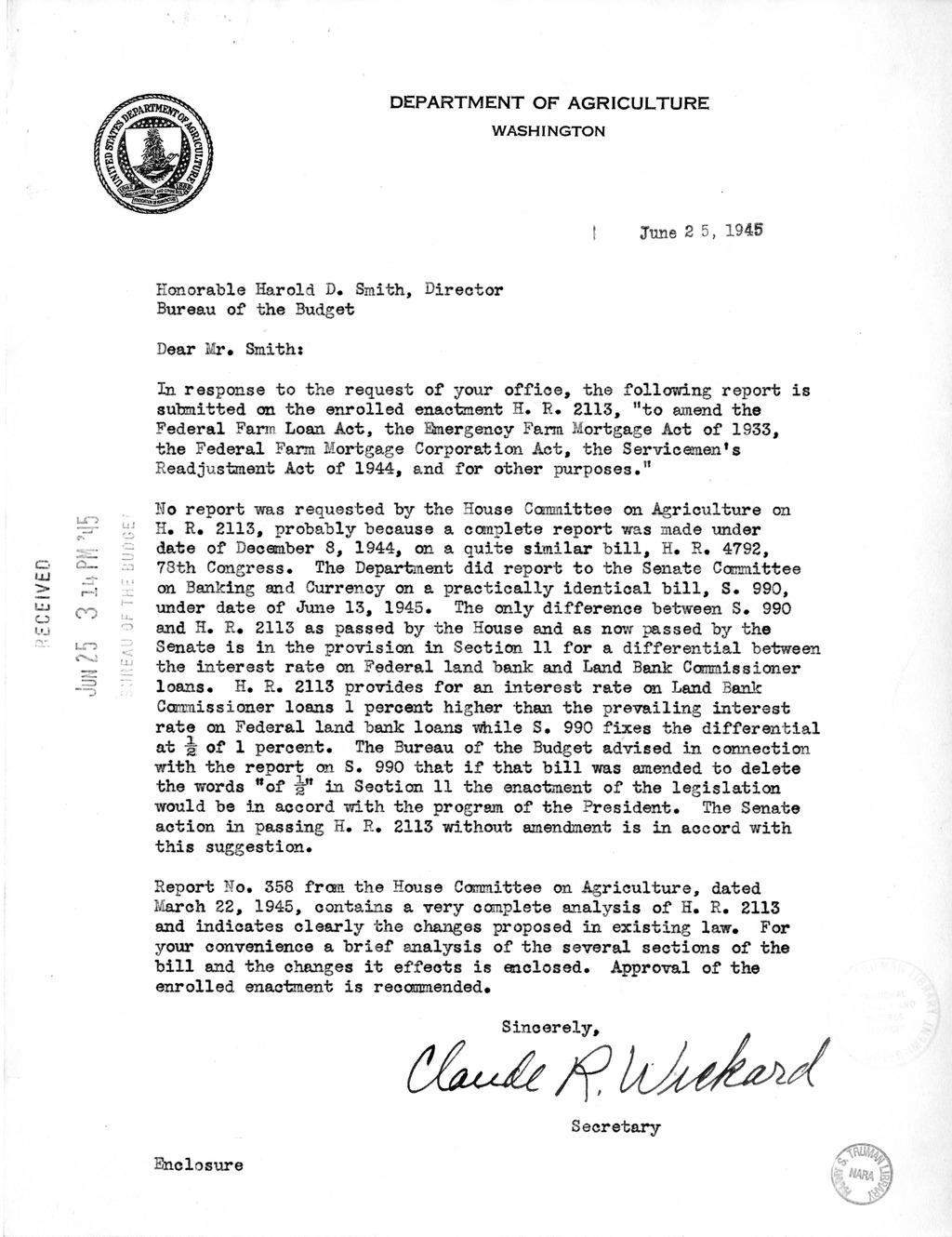 Memorandum from Harold D. Smith to M. C. Latta, H.R. 2113, To Amend the Federal Farm Loan Act, the Emergency Farm Mortgage Act of 1933, The Servicemen's Readjustment Act of 1944, and for Other Purposes, with Attachments