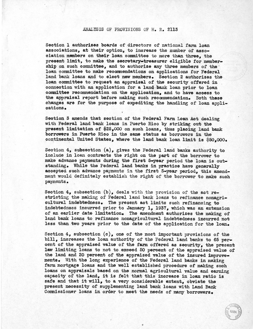 Memorandum from Harold D. Smith to M. C. Latta, H.R. 2113, To Amend the Federal Farm Loan Act, the Emergency Farm Mortgage Act of 1933, The Servicemen's Readjustment Act of 1944, and for Other Purposes, with Attachments