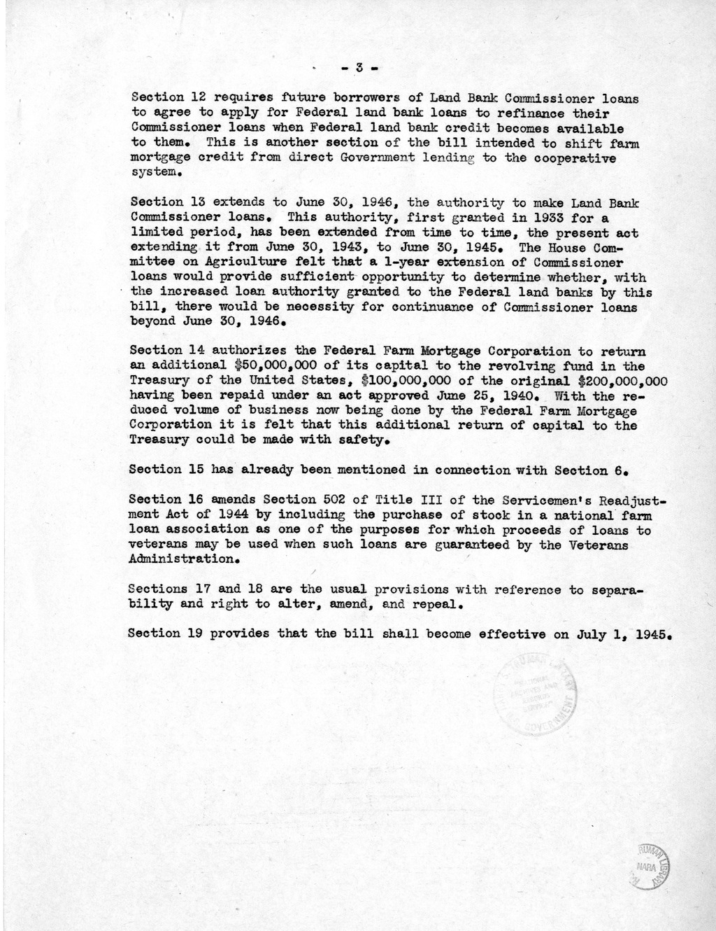 Memorandum from Harold D. Smith to M. C. Latta, H.R. 2113, To Amend the Federal Farm Loan Act, the Emergency Farm Mortgage Act of 1933, The Servicemen's Readjustment Act of 1944, and for Other Purposes, with Attachments