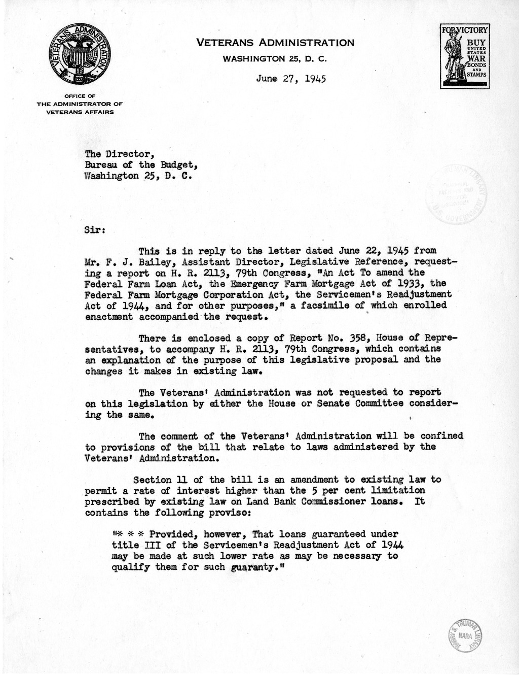 Memorandum from Harold D. Smith to M. C. Latta, H.R. 2113, To Amend the Federal Farm Loan Act, the Emergency Farm Mortgage Act of 1933, The Servicemen's Readjustment Act of 1944, and for Other Purposes, with Attachments