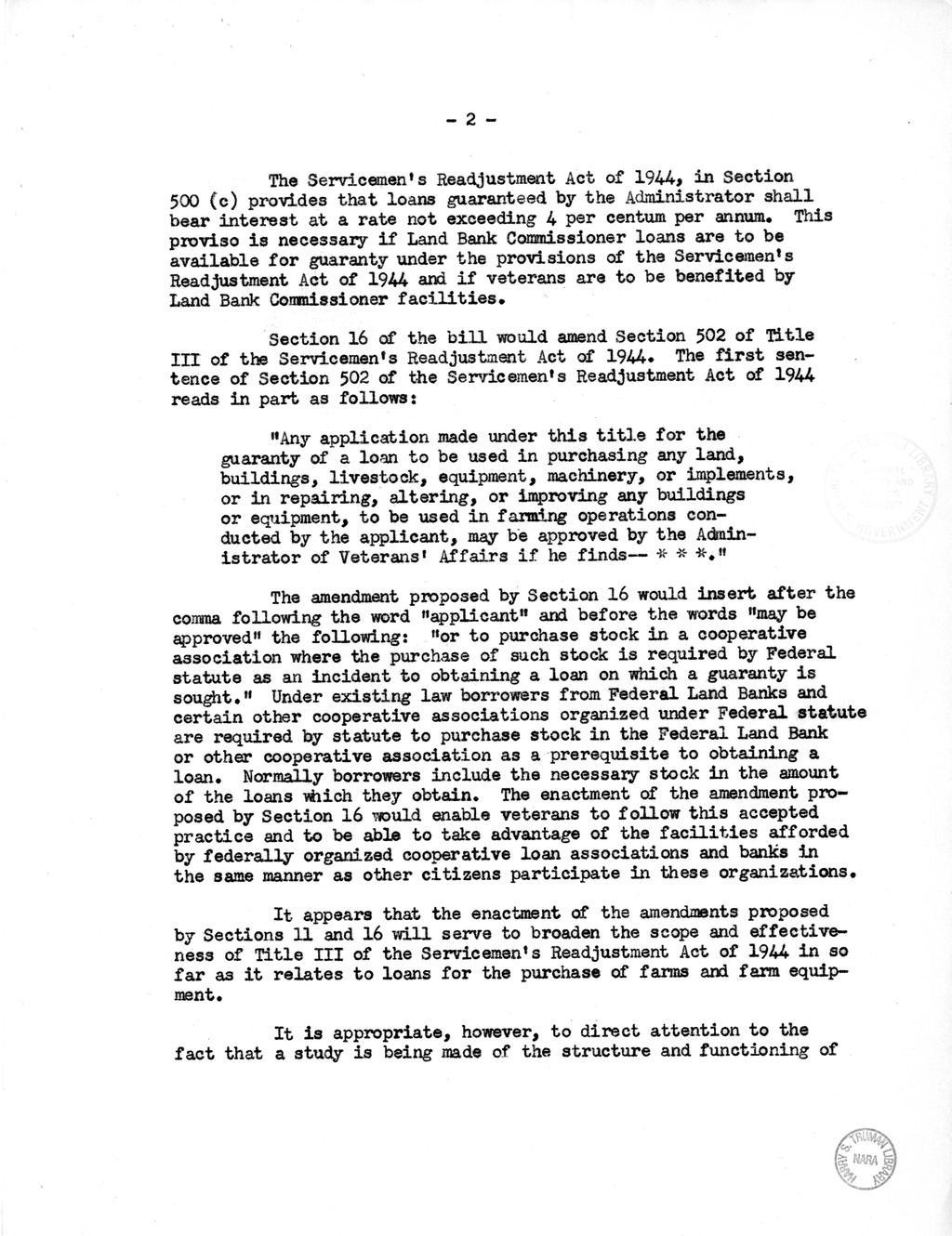 Memorandum from Harold D. Smith to M. C. Latta, H.R. 2113, To Amend the Federal Farm Loan Act, the Emergency Farm Mortgage Act of 1933, The Servicemen's Readjustment Act of 1944, and for Other Purposes, with Attachments