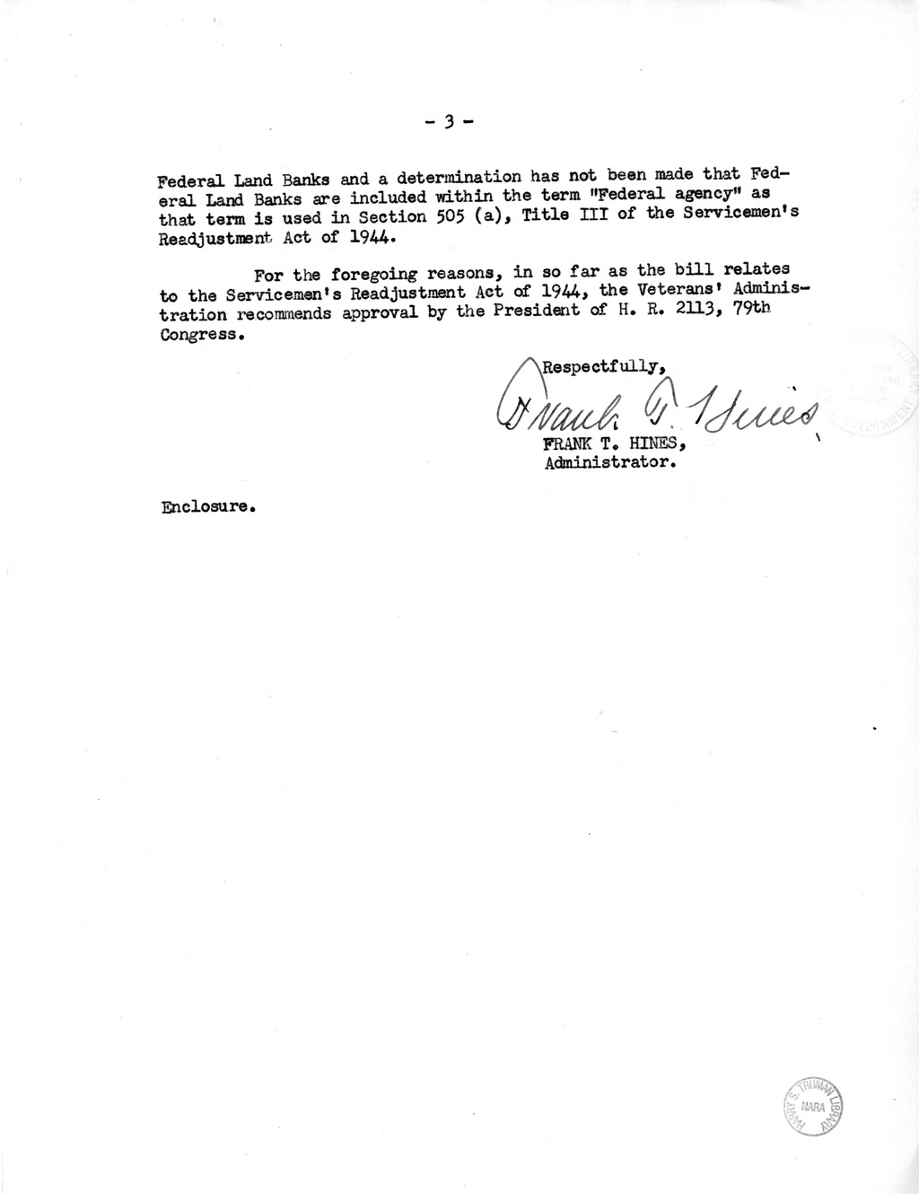 Memorandum from Harold D. Smith to M. C. Latta, H.R. 2113, To Amend the Federal Farm Loan Act, the Emergency Farm Mortgage Act of 1933, The Servicemen's Readjustment Act of 1944, and for Other Purposes, with Attachments