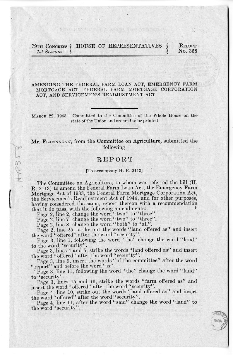 Memorandum from Harold D. Smith to M. C. Latta, H.R. 2113, To Amend the Federal Farm Loan Act, the Emergency Farm Mortgage Act of 1933, The Servicemen's Readjustment Act of 1944, and for Other Purposes, with Attachments