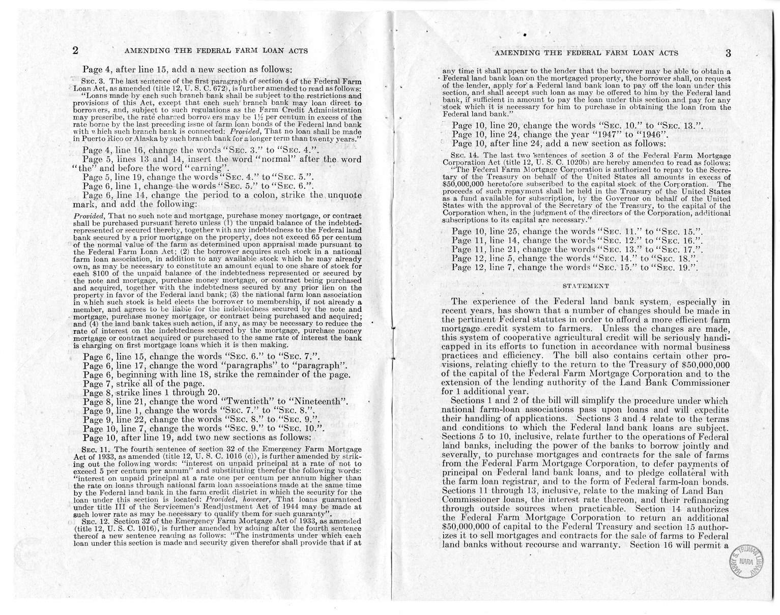 Memorandum from Harold D. Smith to M. C. Latta, H.R. 2113, To Amend the Federal Farm Loan Act, the Emergency Farm Mortgage Act of 1933, The Servicemen's Readjustment Act of 1944, and for Other Purposes, with Attachments