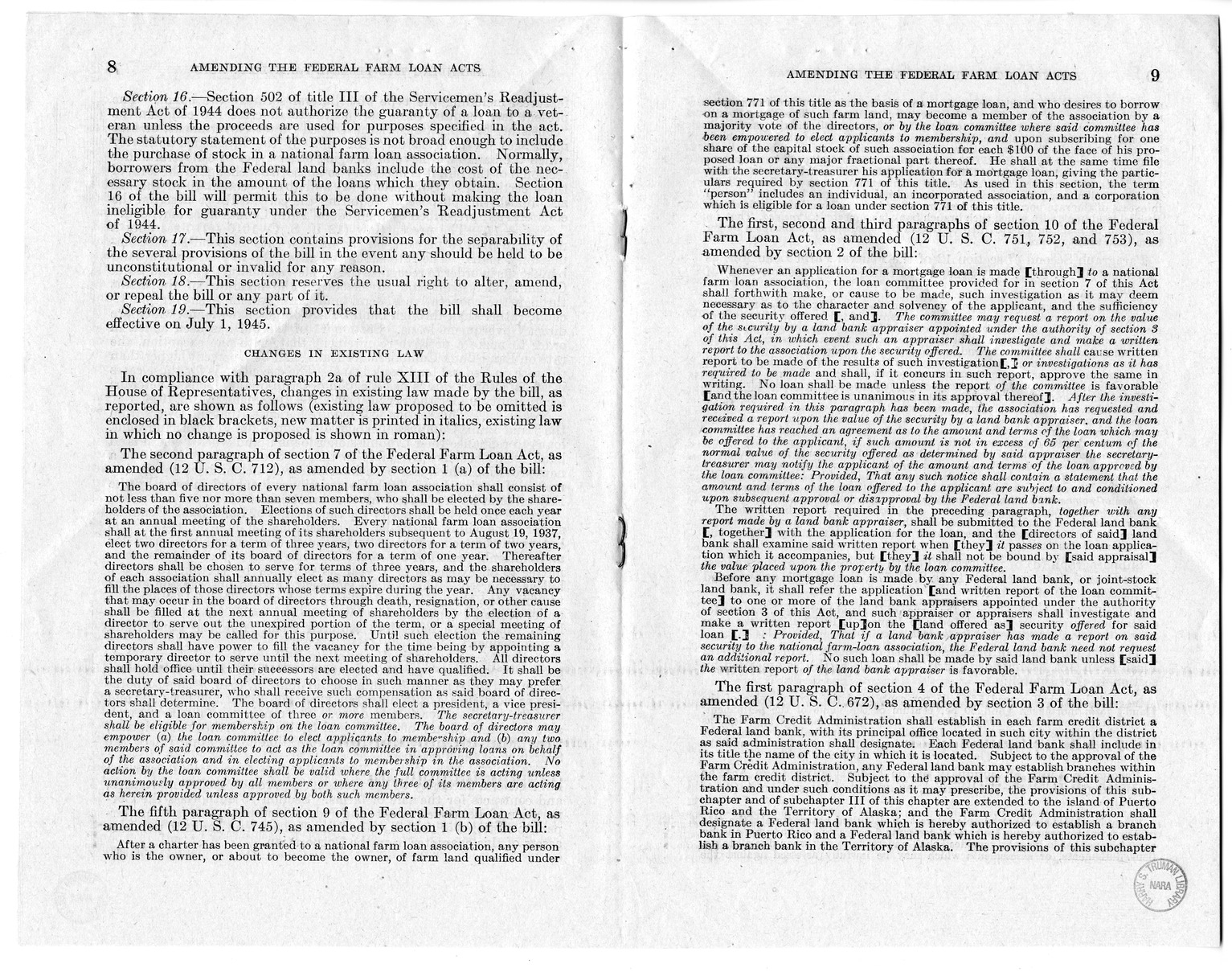 Memorandum from Harold D. Smith to M. C. Latta, H.R. 2113, To Amend the Federal Farm Loan Act, the Emergency Farm Mortgage Act of 1933, The Servicemen's Readjustment Act of 1944, and for Other Purposes, with Attachments