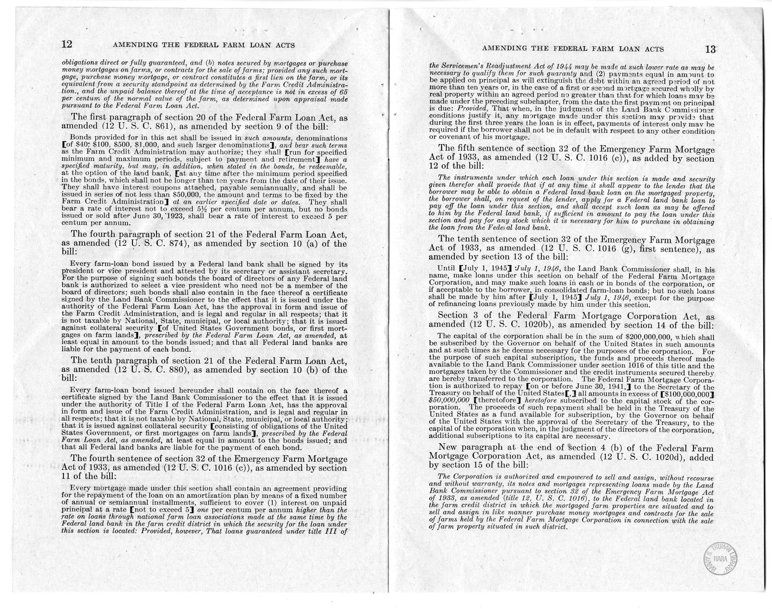 Memorandum from Harold D. Smith to M. C. Latta, H.R. 2113, To Amend the Federal Farm Loan Act, the Emergency Farm Mortgage Act of 1933, The Servicemen's Readjustment Act of 1944, and for Other Purposes, with Attachments