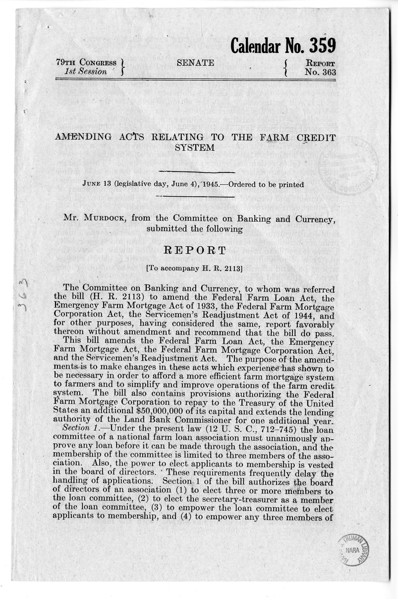 Memorandum from Harold D. Smith to M. C. Latta, H.R. 2113, To Amend the Federal Farm Loan Act, the Emergency Farm Mortgage Act of 1933, The Servicemen's Readjustment Act of 1944, and for Other Purposes, with Attachments