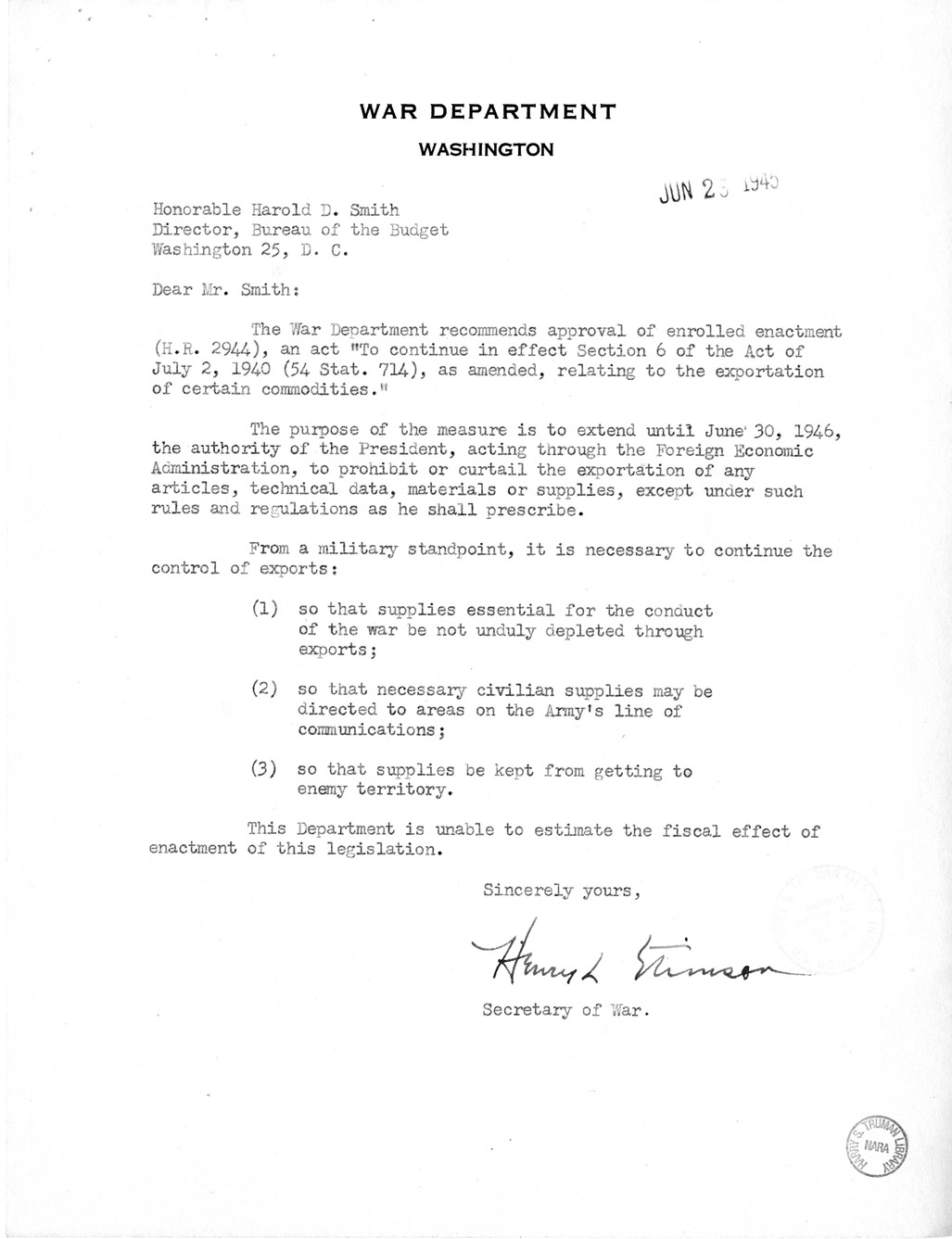 Memorandum from Harold D. Smith to M. C. Latta, H.R. 2944, To Continue in Effect Section 6 of the Act of July 2, 1940 (54 Stat. 714), as Amended, Relating to the Exportation of Certain Commodities, with Attachments