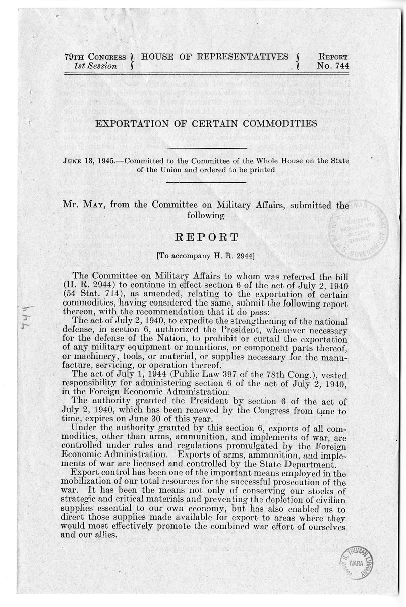 Memorandum from Harold D. Smith to M. C. Latta, H.R. 2944, To Continue in Effect Section 6 of the Act of July 2, 1940 (54 Stat. 714), as Amended, Relating to the Exportation of Certain Commodities, with Attachments