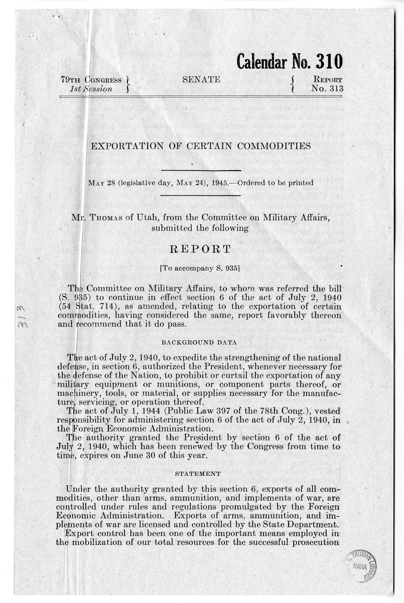 Memorandum from Harold D. Smith to M. C. Latta, H.R. 2944, To Continue in Effect Section 6 of the Act of July 2, 1940 (54 Stat. 714), as Amended, Relating to the Exportation of Certain Commodities, with Attachments