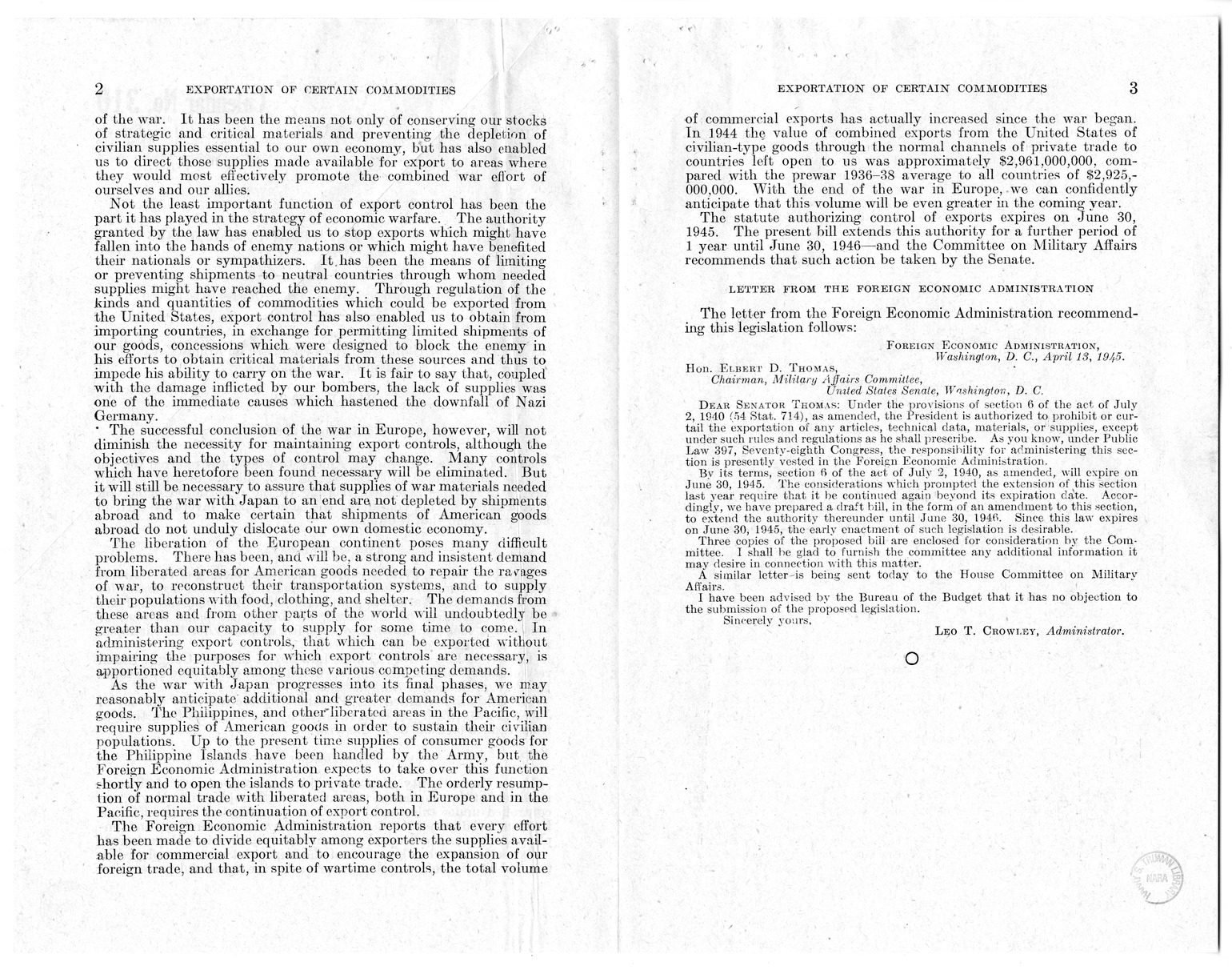 Memorandum from Harold D. Smith to M. C. Latta, H.R. 2944, To Continue in Effect Section 6 of the Act of July 2, 1940 (54 Stat. 714), as Amended, Relating to the Exportation of Certain Commodities, with Attachments
