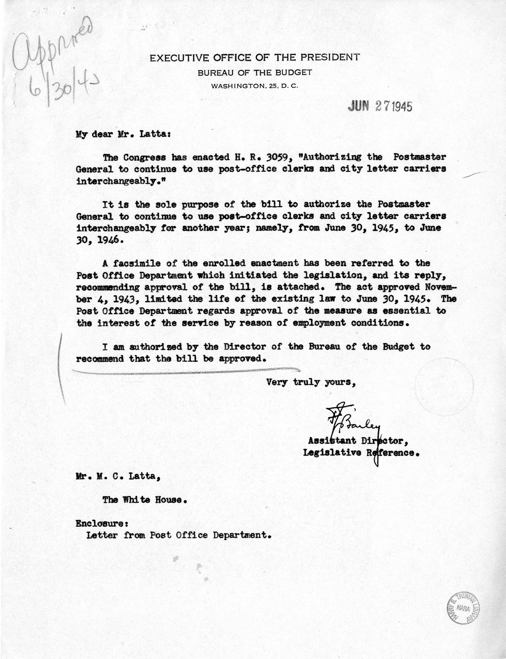 Memorandum from Frederick J. Bailey to M. C. Latta, H.R. 3059, Authorizing the Postmaster General to Continue to Use the Post-Office Clerks and City Letter Carriers Interchangeably, with Attachments