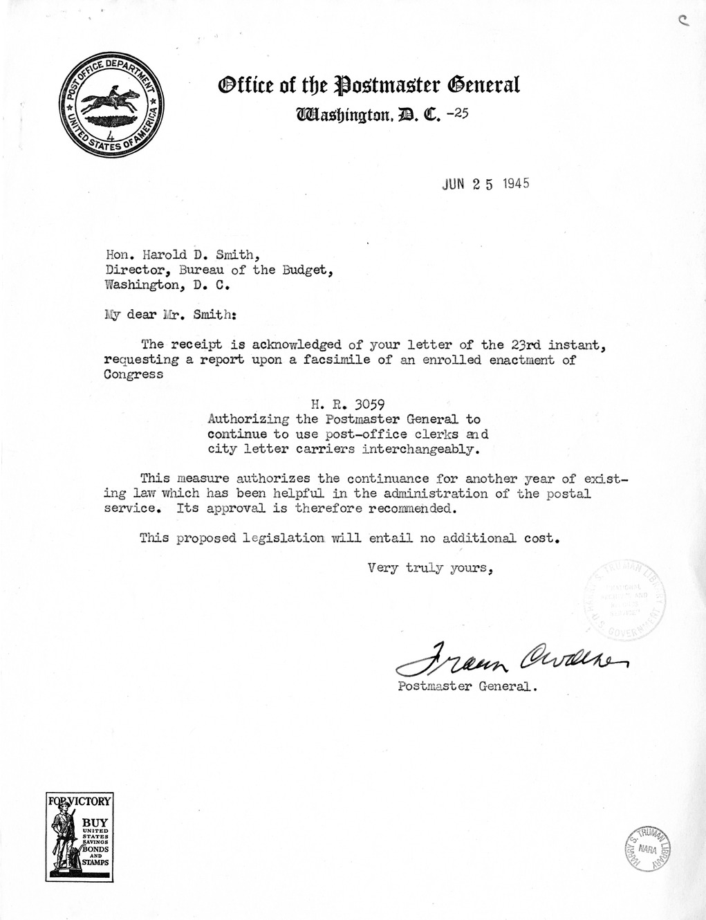 Memorandum from Frederick J. Bailey to M. C. Latta, H.R. 3059, Authorizing the Postmaster General to Continue to Use the Post-Office Clerks and City Letter Carriers Interchangeably, with Attachments