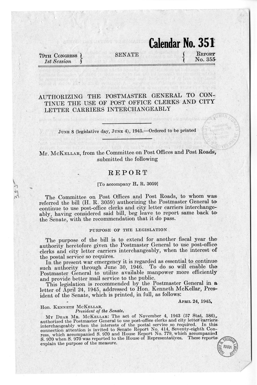 Memorandum from Frederick J. Bailey to M. C. Latta, H.R. 3059, Authorizing the Postmaster General to Continue to Use the Post-Office Clerks and City Letter Carriers Interchangeably, with Attachments