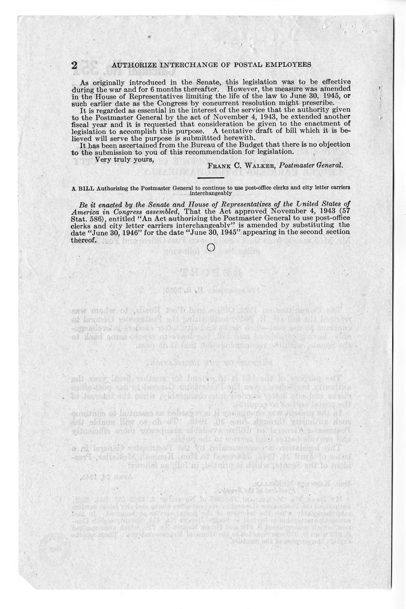 Memorandum from Frederick J. Bailey to M. C. Latta, H.R. 3059, Authorizing the Postmaster General to Continue to Use the Post-Office Clerks and City Letter Carriers Interchangeably, with Attachments