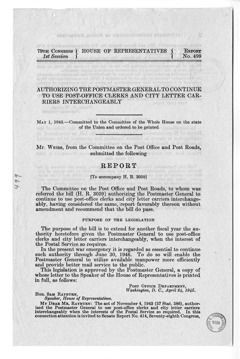 Memorandum from Frederick J. Bailey to M. C. Latta, H.R. 3059, Authorizing the Postmaster General to Continue to Use the Post-Office Clerks and City Letter Carriers Interchangeably, with Attachments