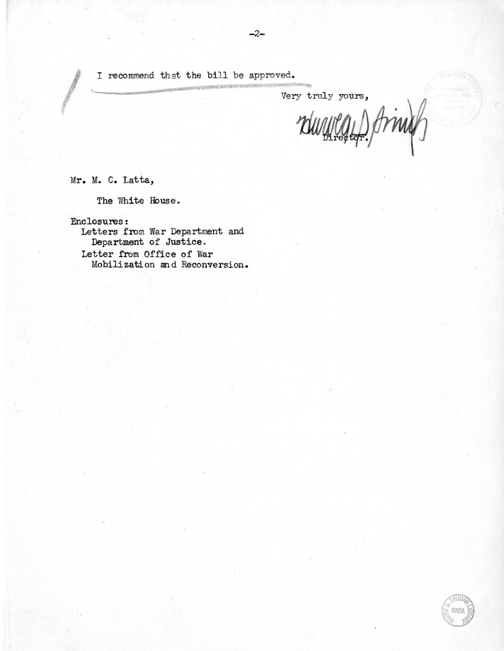 Memorandum from Harold D. Smith to M. C. Latta, H. R. 3232, to Amend an Act to Authorize the President to Requisition Certain Articles and Materials for the Use of the United States, With Attachments