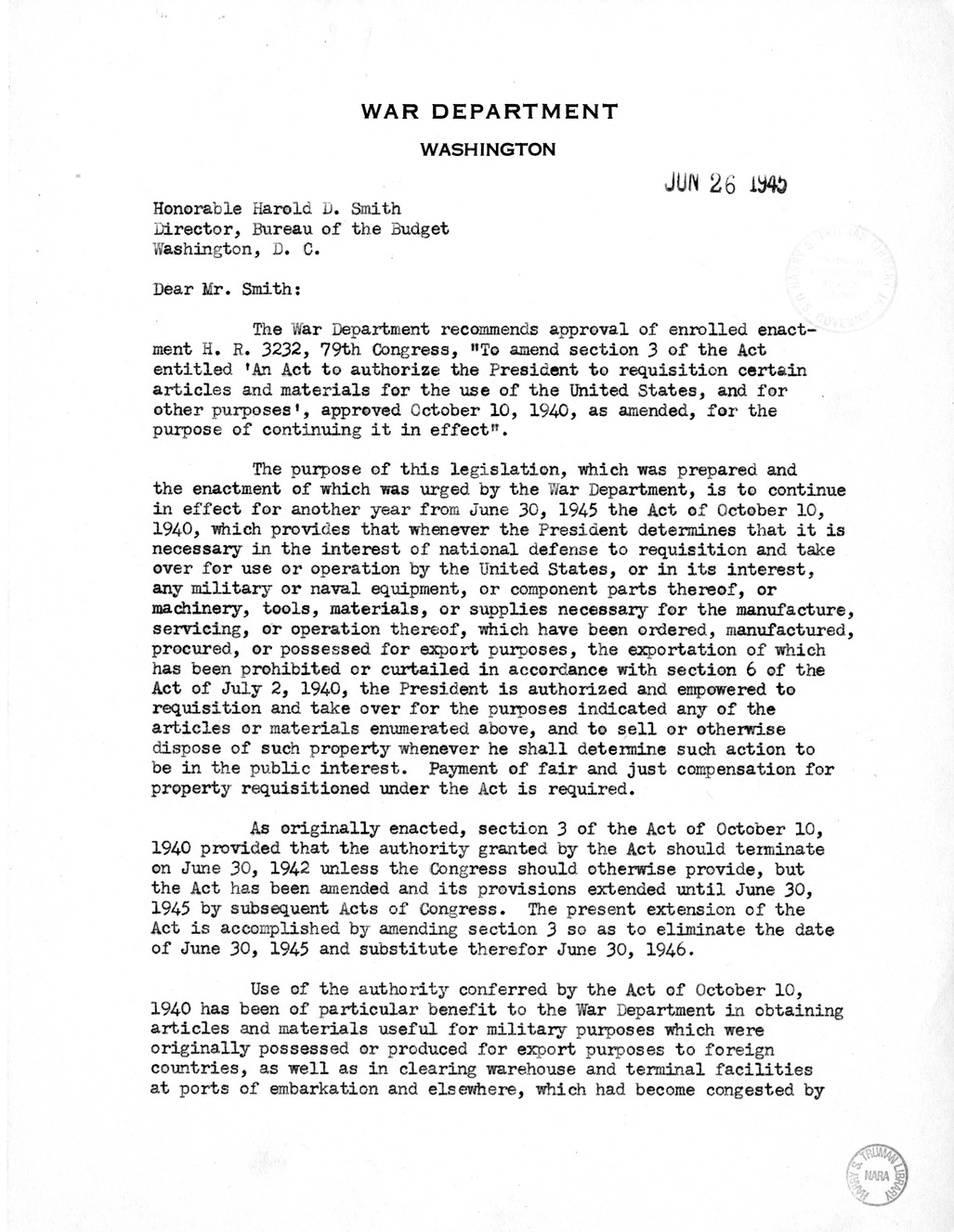 Memorandum from Harold D. Smith to M. C. Latta, H. R. 3232, to Amend an Act to Authorize the President to Requisition Certain Articles and Materials for the Use of the United States, With Attachments
