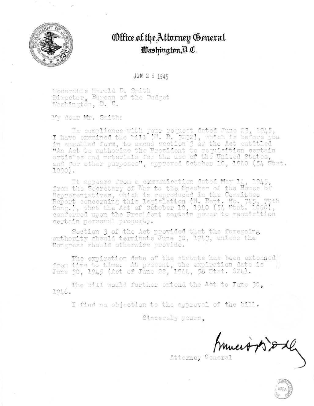 Memorandum from Harold D. Smith to M. C. Latta, H. R. 3232, to Amend an Act to Authorize the President to Requisition Certain Articles and Materials for the Use of the United States, With Attachments