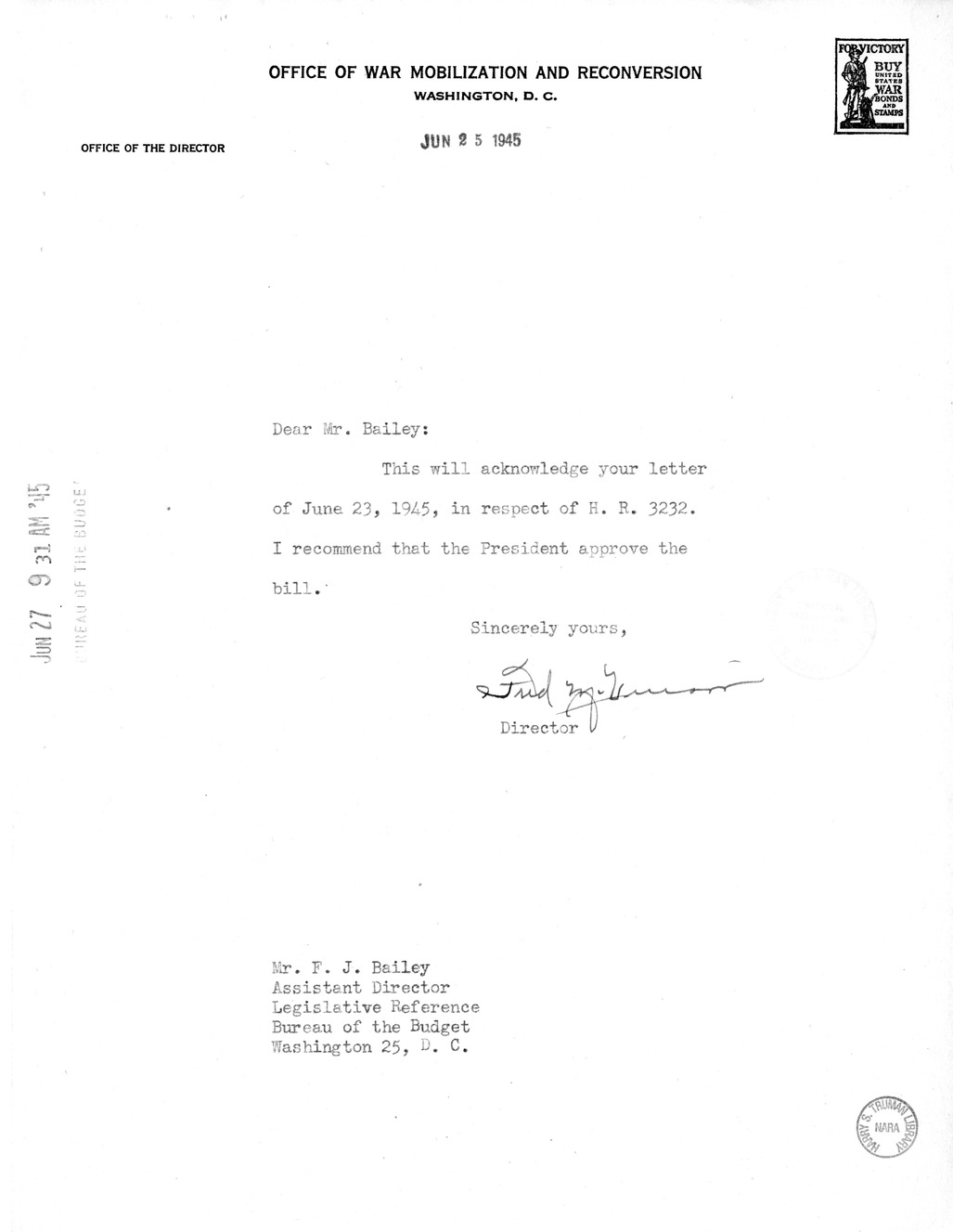 Memorandum from Harold D. Smith to M. C. Latta, H. R. 3232, to Amend an Act to Authorize the President to Requisition Certain Articles and Materials for the Use of the United States, With Attachments