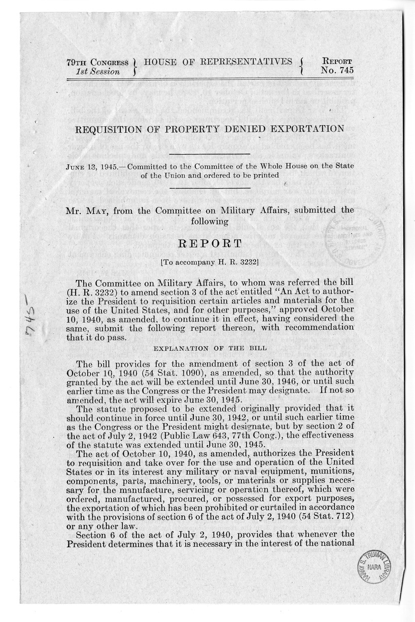 Memorandum from Harold D. Smith to M. C. Latta, H. R. 3232, to Amend an Act to Authorize the President to Requisition Certain Articles and Materials for the Use of the United States, With Attachments