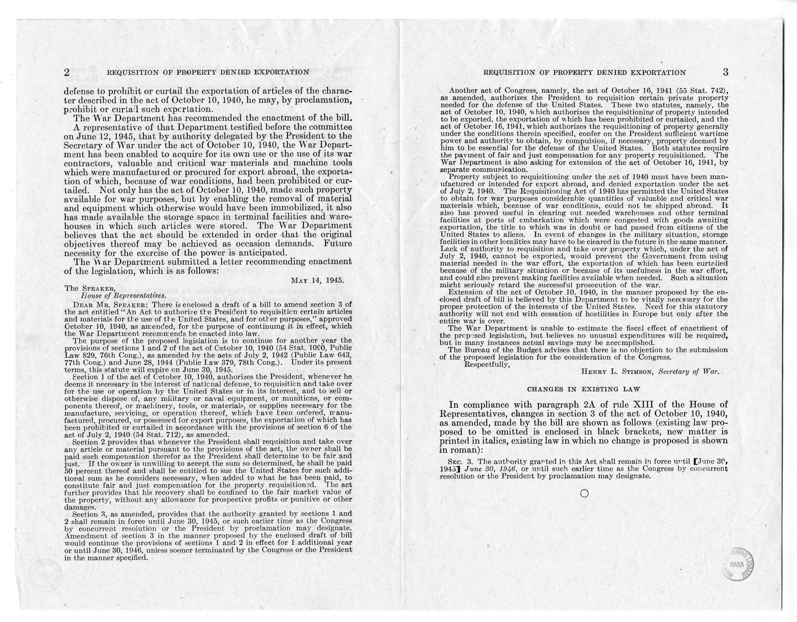 Memorandum from Harold D. Smith to M. C. Latta, H. R. 3232, to Amend an Act to Authorize the President to Requisition Certain Articles and Materials for the Use of the United States, With Attachments